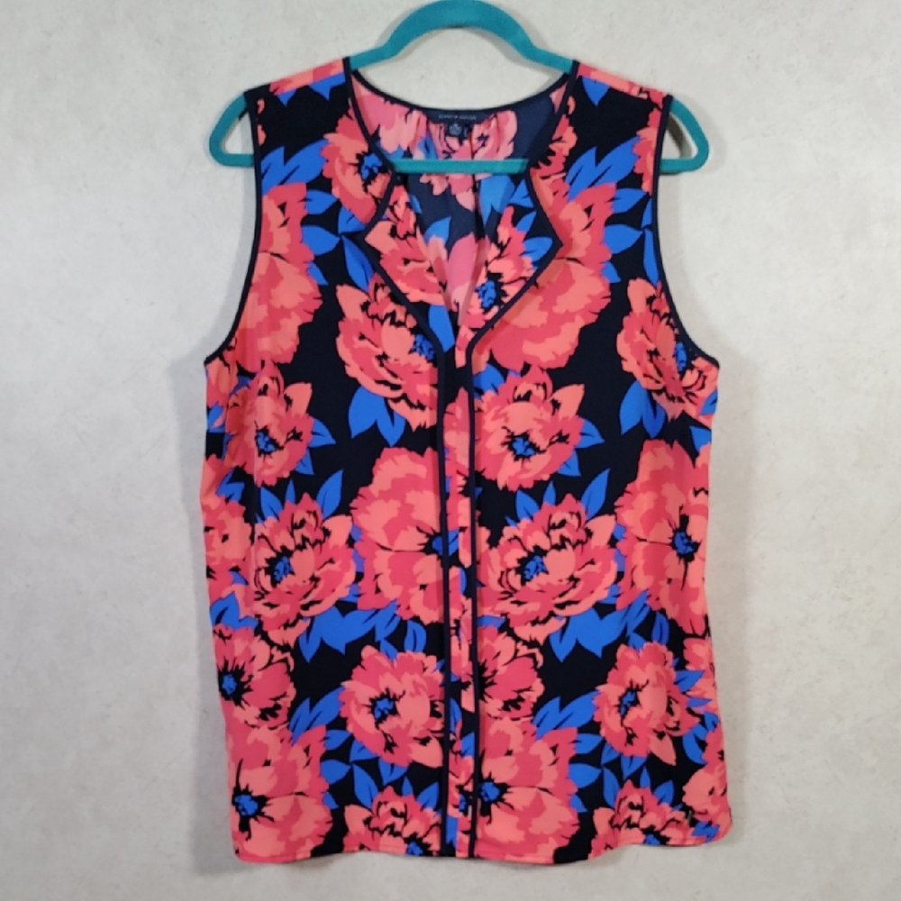 Tommy Hilfiger Coral Floral Sleeveless Blouse with Blue Leaves on Black